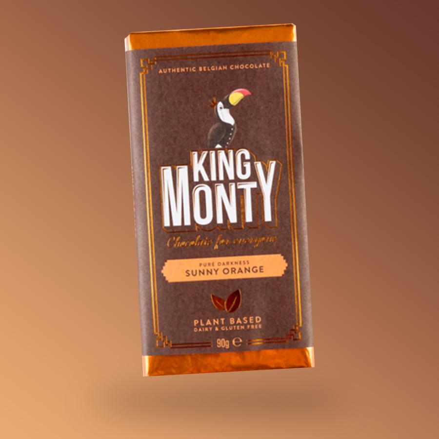 King Monty Sunny Orange vegán narancs ízű táblás csoki 90g