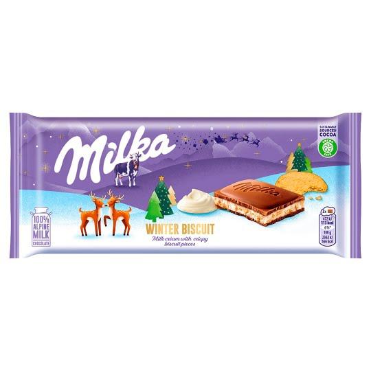 Milka winter biscuit tejes krémtöltelékkel és kekszdarabokkal 100g