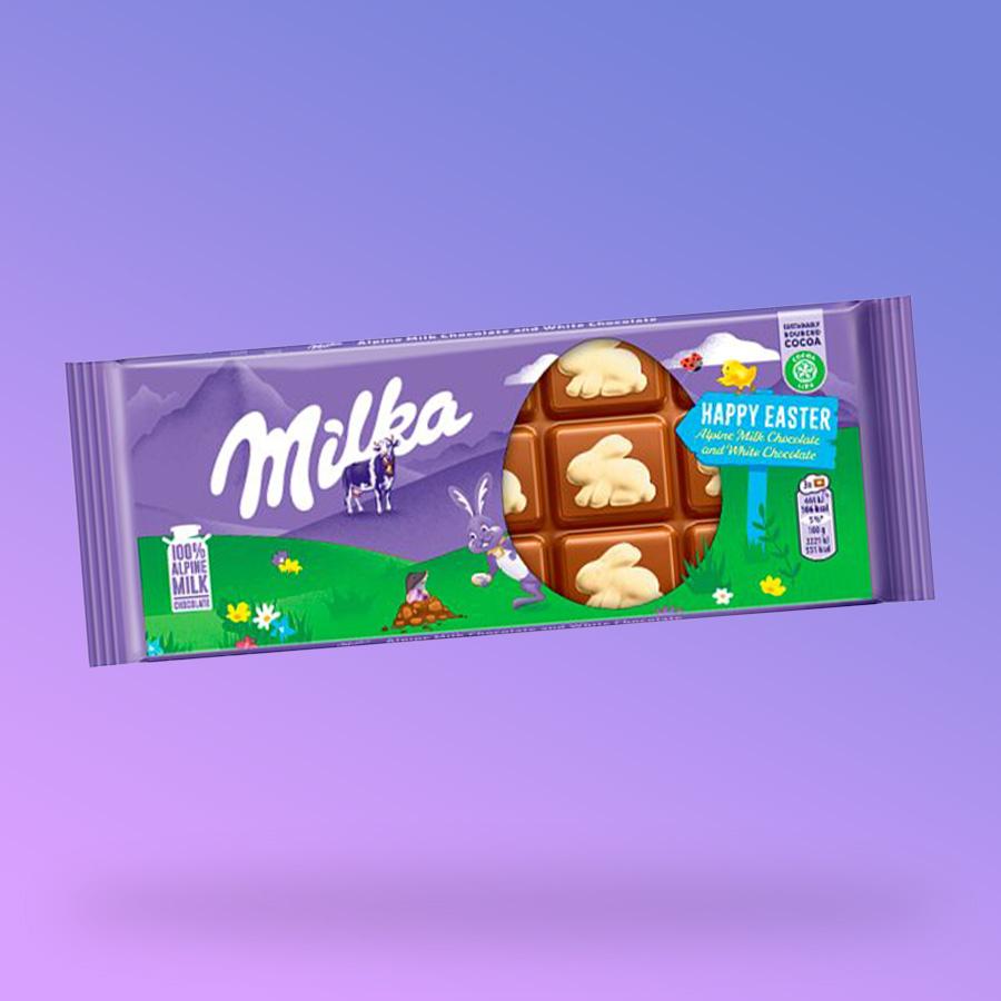 Milka nyuszi mintájú tej és fehércsokis táblás csokoládé 100g