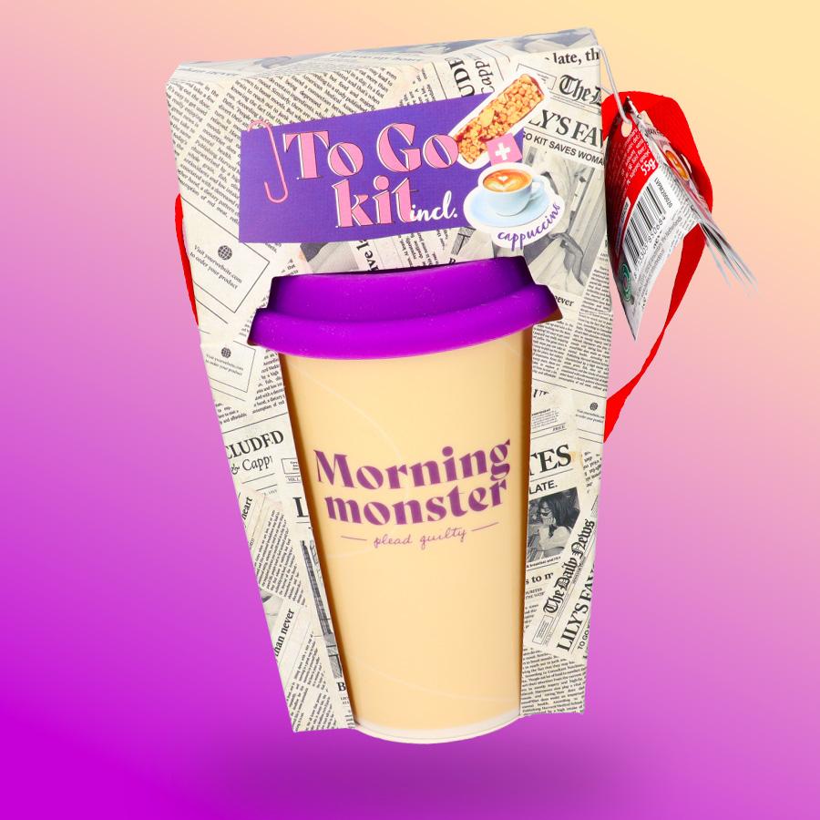 Morning monster feliratú kerámia utazó bögre ajándék szett kávéval és müzliszelettel